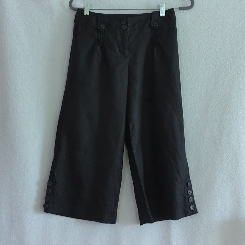 LOFT Black Linen Mid Rise Wide Leg Cropped Pants w Button Accents Size 0